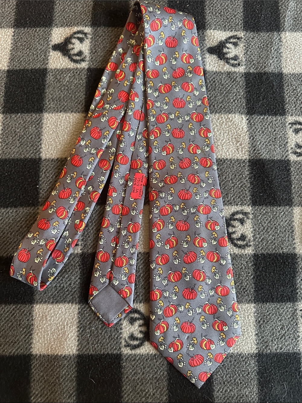 Hermes Gray Silk Tie with Red Pumpkin Motif